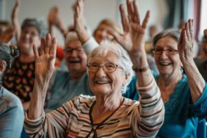 A group of seniors participating in a chair yoga class led by an instructor in a bright, spacious room.
