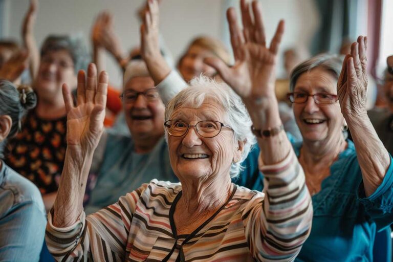 A group of seniors participating in a chair yoga class led by an instructor in a bright, spacious room.